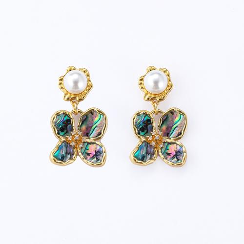 Brass Drop Earring with Shell Pearl & Abalone Shell Flower 18K gold plated for woman & with rhinestone Sold By Pair