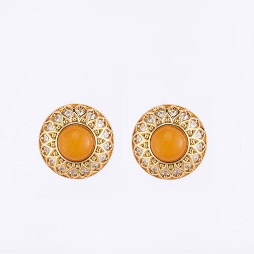 Brass Stud Earring, with Natural Stone, Round, 18K gold plated, for woman & with rhinestone, 19x19mm, Sold By Pair