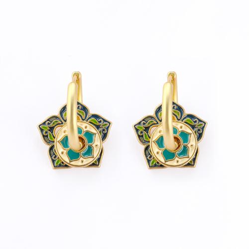 Brass Huggie Hoop Drop Earring, Flower, 18K gold plated, Bohemian style & for woman & enamel, 27x29mm, Sold By Pair