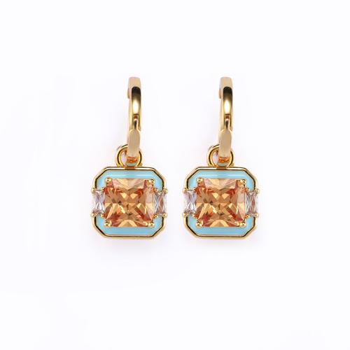 laiton Boucles d'oreilles pendantes Hoop Huggie, Motif géométrique, Plaqué or 18K, pavé de micro zircon & pour femme & émail, 28x15mm, Vendu par paire