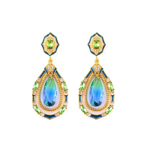 Brass Drop Earring, with Glass, Teardrop, 18K gold plated, for woman & enamel & with rhinestone & hollow, 58x23mm, Sold By Pair