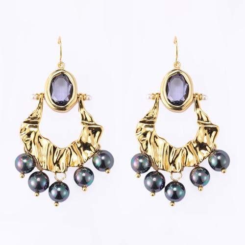 Brass Drop Earring, with Glass & Plastic Pearl, Geometrical Pattern, 18K gold plated, for woman & hollow, 65x32mm, Sold By Pair