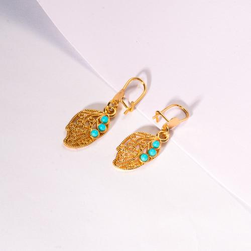 laiton Boucle d'oreille goutte, avec résine, feuille, Plaqué d'or 24K, unisexe & creux, 12x38mm, Vendu par paire