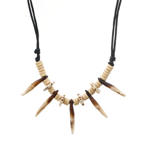 Yak Bone Necklace with natural dog teeth & Wax Cord & Wood folk style & Unisex Length Approx 20.9-37 Inch Sold By PC