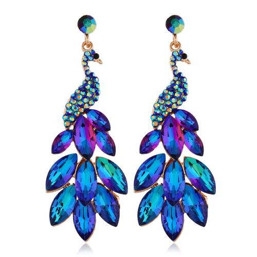 aleación de zinc Pendientes con Colgantes, con Cristal, Pavo Real, chapado, para mujer & con diamantes de imitación, más colores para la opción, 26x73mm, Vendido por Par