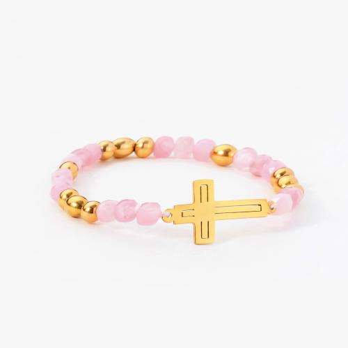 Stainless Steel Jewelry Bracelet, 304 Stainless Steel, with Natural Stone, fashion jewelry & for woman, pink, Length:Approx 17 cm, Sold By PC