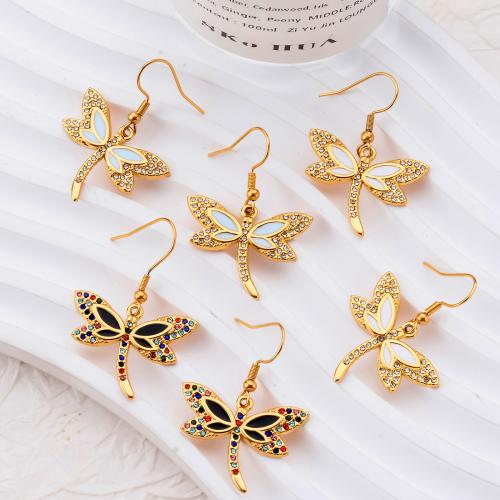 Stainless Steel Drop Earring, 304 Stainless Steel, Dragonfly, 18K gold plated, fashion jewelry & micro pave cubic zirconia & for woman, more colors for choice, 40x27mm, Sold By Pair