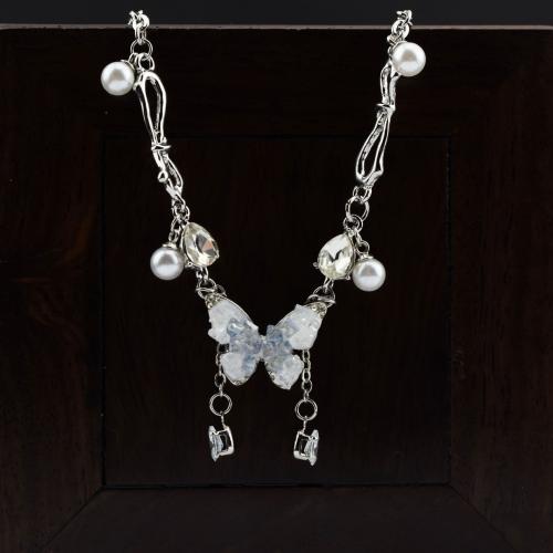 Stainless Steel Jewelry Necklace, 304 Stainless Steel, with Plastic Pearl, with 5cm extender chain, Butterfly, fashion jewelry & for woman & with rhinestone, Length:Approx 40.5 cm, Sold By PC