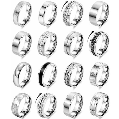 Stainless Steel Finger Ring, 304 Stainless Steel, 16 pieces & Unisex & different size for choice, width 8mm, thickness 2mm, Sold By Set