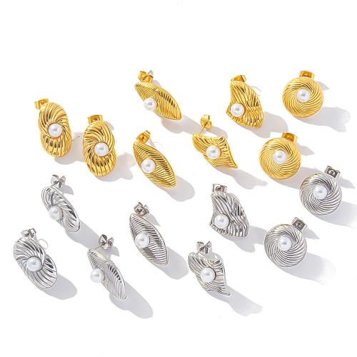 Stainless Steel Stud Earrings, 304 Stainless Steel, with Plastic Pearl, fashion jewelry & different styles for choice & for woman, more colors for choice, Sold By Pair