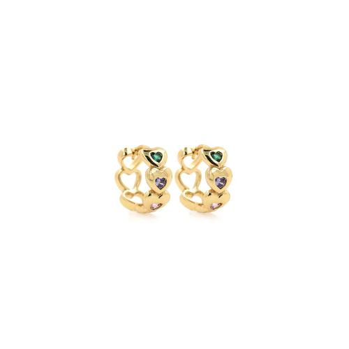 Boucles d'oreilles en laiton zircon cubique pavent, coeur, Placage de couleur d'or, bijoux de mode & pavé de micro zircon & pour femme, protéger l'environnement, sans nickel, plomb et cadmium, 15.70x14.20x6.30mm, Vendu par paire