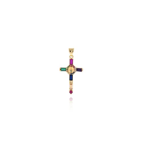 Cubique Pendentif en laiton zircon pavent, croix, Placage de couleur d'or, DIY & pavé de micro zircon, multicolore, protéger l'environnement, sans nickel, plomb et cadmium, 35x18x5.60mm, Vendu par PC