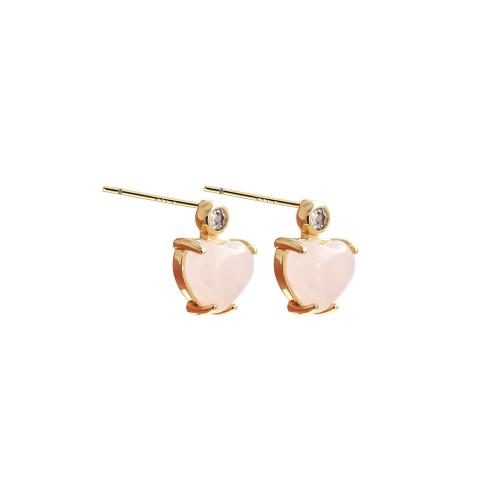 Brass Stud Earring, with Cubic Zirconia & Rose Quartz, Heart, gold color plated, fashion jewelry & for woman, more colors for choice, nickel, lead & cadmium free, 8.30x11.50x5.50mm, Sold By Pair