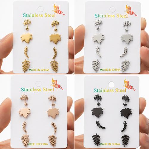 Stainless Steel Stud Earrings, 304 Stainless Steel, Leaf, Vacuum Ion Plating, fashion jewelry & for woman, more colors for choice, 4Pairs/Set, Sold By Set