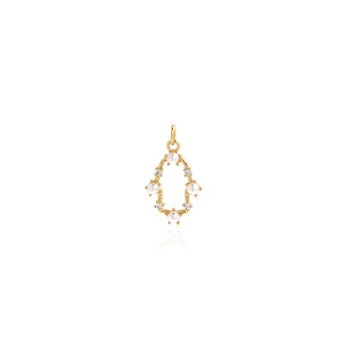 Cubic Zirconia Micro Pave Brass Pendant, with Plastic Pearl, gold color plated, DIY & micro pave cubic zirconia, nickel, lead & cadmium free, 23x14x3.70mm, Sold By PC