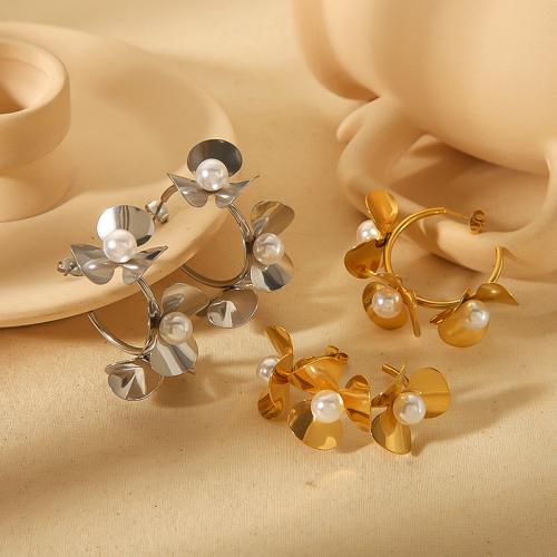 Stainless Steel Stud Earrings, 304 Stainless Steel, with Plastic Pearl, Flower, plated, for woman, more colors for choice, Sold By Pair