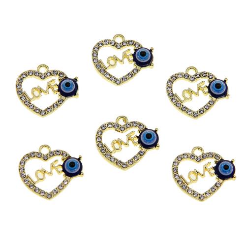 Evil Eye Pendants, Tibetan Style, Heart, gold color plated, DIY & evil eye pattern & enamel & with rhinestone, blue, nickel, lead & cadmium free, 100PCs/Bag, Sold By Bag