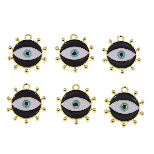 Pendentifs mauvais oeil, alliage de zinc, Rond, Placage de couleur d'or, DIY & motif de mauvais œil & émail, noire, protéger l'environnement, sans nickel, plomb et cadmium, 20x19x1.50mm, 100PC/sac, Vendu par sac