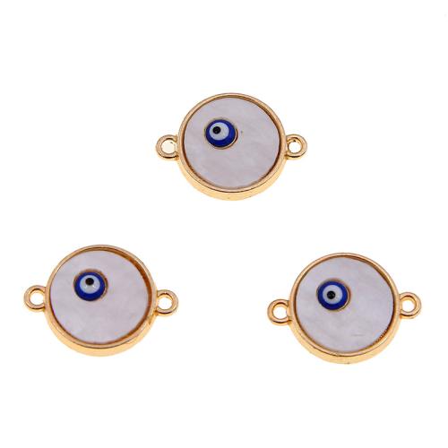 Connecteur Evil Eye, alliage de zinc, Rond, Placage de couleur d'or, DIY & motif de mauvais œil & émail & boucle de 1/1, blanc, protéger l'environnement, sans nickel, plomb et cadmium, 14x16x3mm, 100PC/sac, Vendu par sac