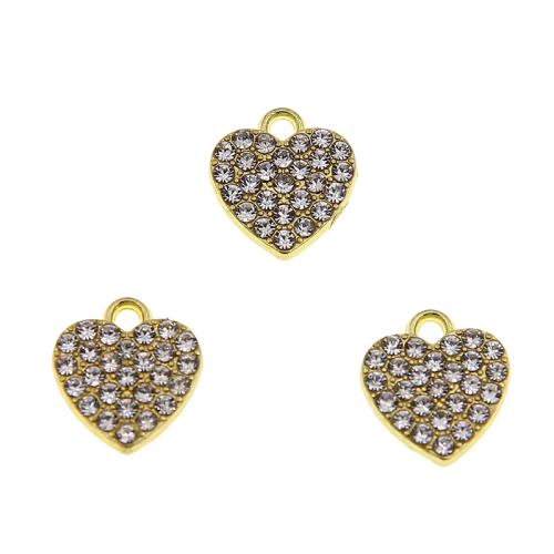 Tibetan Style Heart Pendants, gold color plated, DIY & with rhinestone, nickel, lead & cadmium free, 12x11x2mm, 100PCs/Bag, Sold By Bag