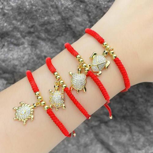 Cubic Zirconia Micro Pave Brass Bracelet with Nylon Cord gold color plated fashion jewelry & micro pave cubic zirconia red nickel lead & cadmium free Sold By PC