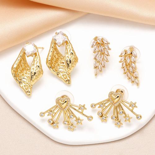 Cubic Zirconia Micro Pave Brass Earring gold color plated fashion jewelry & micro pave cubic zirconia golden nickel lead & cadmium free Sold By Pair