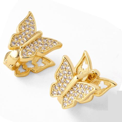 Cubic Zirconia Micro Pave Brass Earring, Butterfly, plated, fashion jewelry & micro pave cubic zirconia, golden, nickel, lead & cadmium free, 15x15mm, Sold By Pair