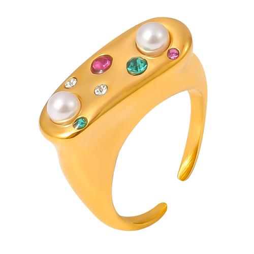 Rhinestone Stainless Steel Finger Ring, 304 Stainless Steel, with Plastic Pearl, plated, fashion jewelry & for woman & with rhinestone, more colors for choice, US Ring Size:7, Sold By PC