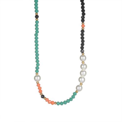 Titanium Steel Necklace, with Natural Stone & Plastic Pearl, with 5cm extender chain, handmade, fashion jewelry & for woman, multi-colored, Length:42 cm, Sold By PC