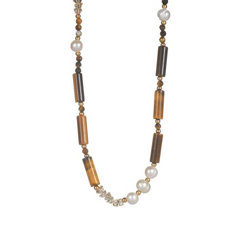 Titanium Steel Necklace, with Natural Stone & Plastic Pearl, with 5cm extender chain, 14K gold plated, fashion jewelry & handmade & for woman, multi-colored, Length:40 cm, Sold By PC