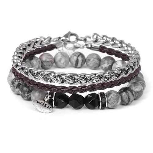 Gemstone Bracelets with Wax Cord & 304 Stainless Steel hand polished three pieces & for man Sold By Set