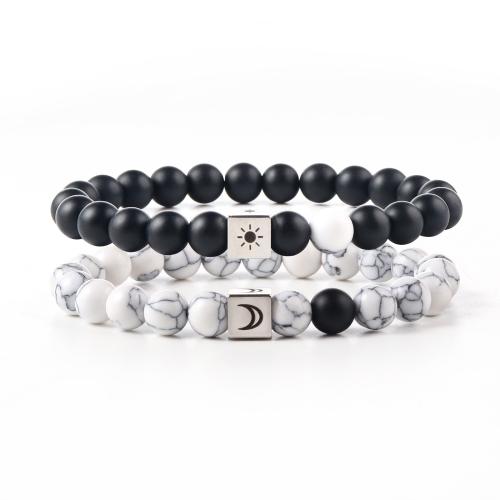 Pareja pulsera y brazalete, acero inoxidable 304, con Magnesita & Piedra Abrazine, hecho a mano, 2 piezas & unisexo & diferentes patrones para la opción, en blanco y negro, longitud:aproximado 16 cm, Vendido por Set