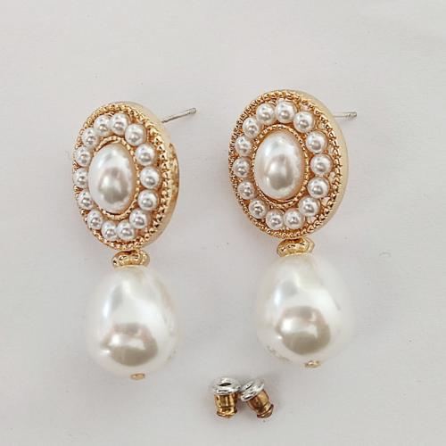 Tibetan Style Stud Earring, with Plastic Pearl, for woman, golden, Sold By Pair