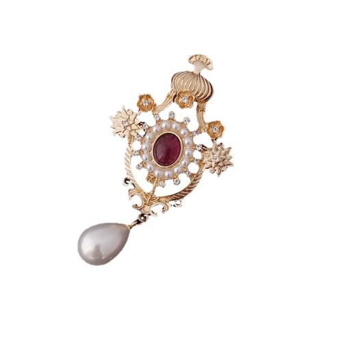 Tibetan Style Brooches, with Ruby & Plastic Pearl, plated, micro pave cubic zirconia & for woman, golden, 78x40mm, Sold By PC