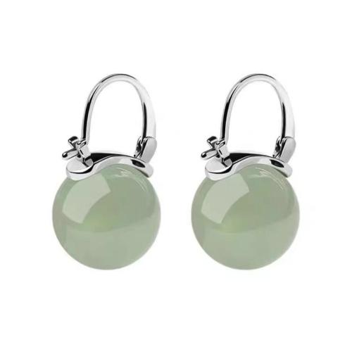 Brass Lever Back Earring with Green Jade & Plastic Pearl Round plated & for woman 22mm Sold By Pair