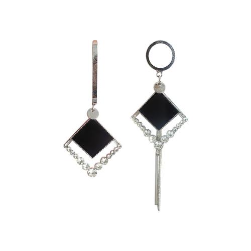 alliage de zinc Boucles d'oreilles pendantes Hoop Huggie, Losange, Placage de couleur platine, pour femme & émail & avec strass & creux, 30x80mm, Vendu par paire