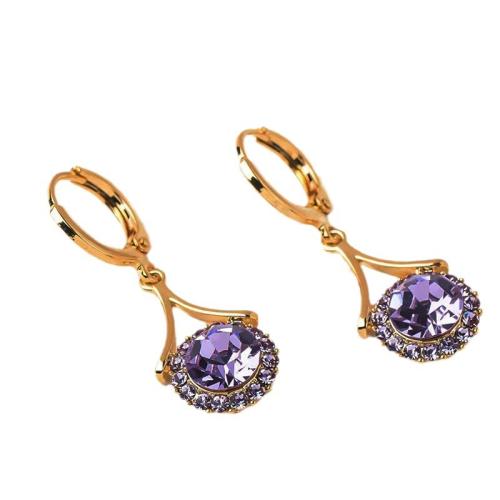 alliage de zinc Boucles d'oreilles pendantes Hoop Huggie, Motif géométrique, Placage de couleur d'or, pour femme & avec strass, 15x30mm, Vendu par paire