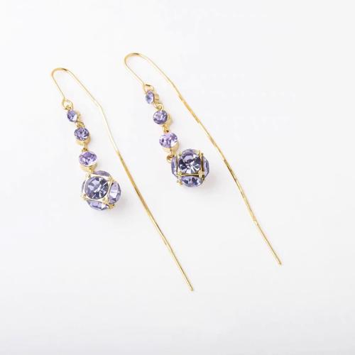 laiton boucles d'oreilles chaîne, Motif géométrique, Placage de couleur d'or, pour femme & avec strass, 10x110mm, Vendu par paire