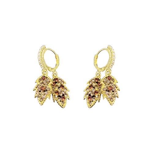 Tibetan Style Huggie Hoop Drop Earring, Leaf, gold color plated, for woman & with rhinestone, 20x30mm, Sold By Pair