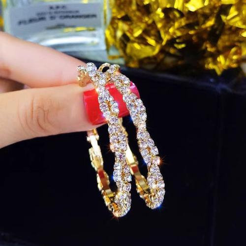 Tibetan Style Hoop Earring, gold color plated, for woman & with rhinestone & hollow, 40mm, Sold By Pair