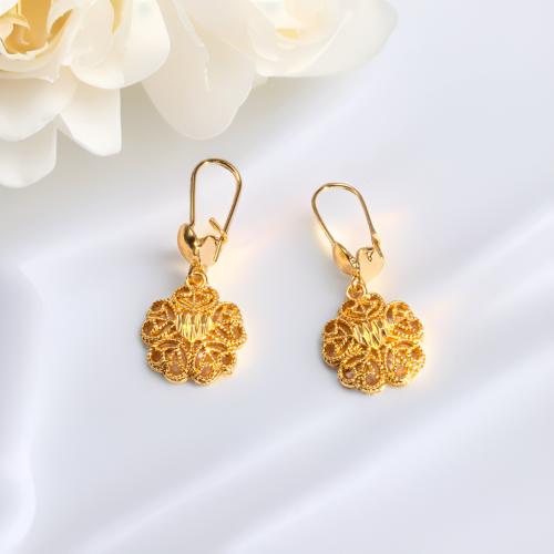 laiton Boucle d'oreille goutte, fleur, Placage de couleur d'or, pour femme & creux, earring length 40-60mm, Vendu par paire