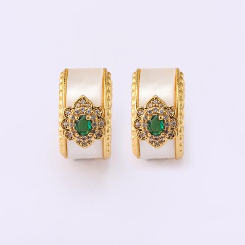 Brass Huggie Hoop Earring, with Green Agate & White Shell, gold color plated, for woman & with rhinestone & hollow, 18x18mm, Sold By Pair