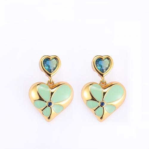 Brass Drop Earring with Glass Heart gold color plated for woman & enamel Sold By Pair