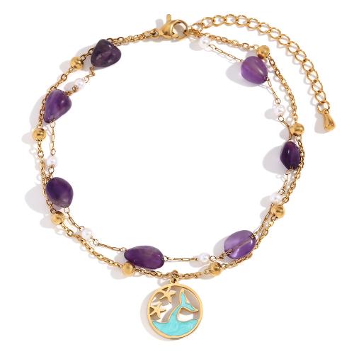 Anklet de acero inoxidable, acero inoxidable 304, con Piedra natural, con 5cm extender cadena, 18K chapado en oro, Joyería & para mujer, dorado, longitud:aproximado 20 cm, Vendido por UD