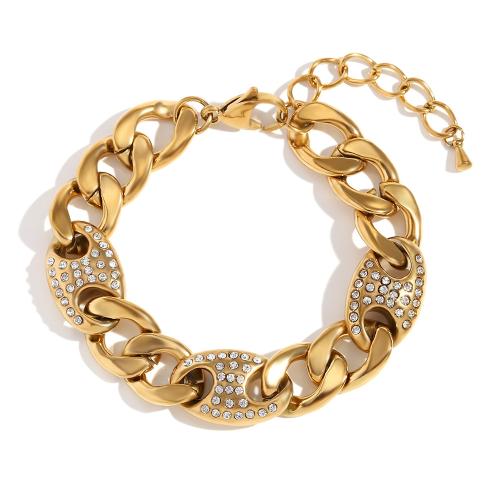 Stainless Steel Jewelry Bracelet, 304 Stainless Steel, with 5cm extender chain, 18K gold plated, fashion jewelry & for woman & with rhinestone, golden, Length:Approx 15 cm, Sold By PC