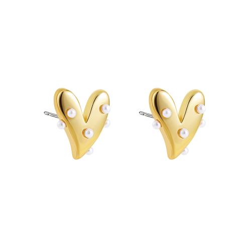 Stainless Steel Stud Earrings, 304 Stainless Steel, with Plastic Pearl, Heart, 18K gold plated, fashion jewelry & for woman, golden, 20x22mm, Sold By Pair