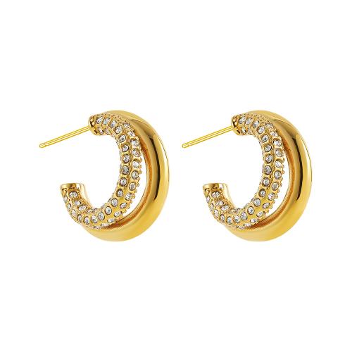 Stainless Steel Stud Earrings, 304 Stainless Steel, 18K gold plated, fashion jewelry & for woman & with rhinestone, golden, 22x22mm, Sold By Pair