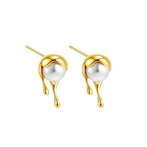 Boucle d'oreille de gaujon en acier inoxydable, Acier inoxydable 304, avec perle de plastique, Plaqué or 18K, bijoux de mode & pour femme, doré, 9x16mm, Vendu par paire