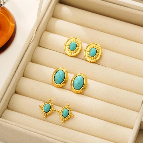 Stainless Steel Stud Earrings, 304 Stainless Steel, with turquoise, fashion jewelry & different styles for choice & for woman, golden, Sold By Pair