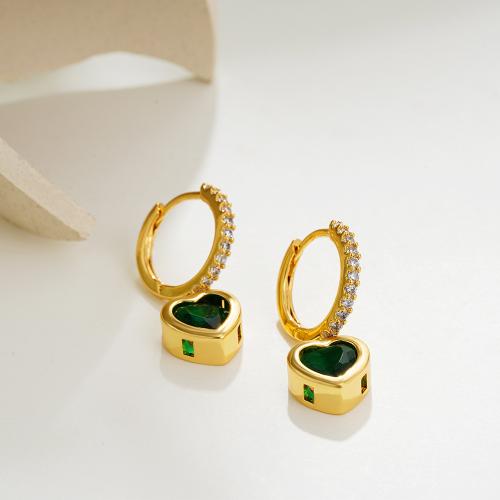 Boucles d'oreilles en laiton zircon cubique pavent, coeur, bijoux de mode & pavé de micro zircon & pour femme, doré, 10x28mm, Vendu par paire